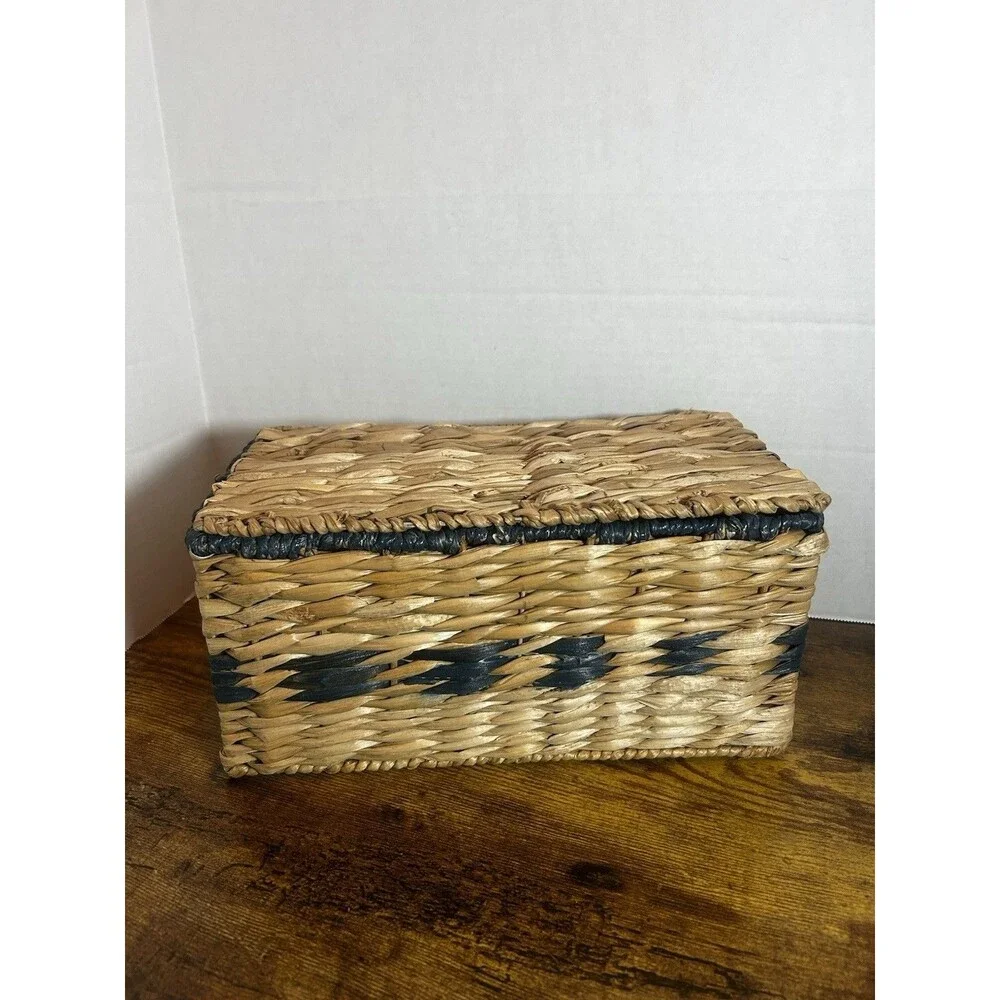 Woven Lidded Storage Basket Natural Blue Boho Bathroom Organizer Decorative Box